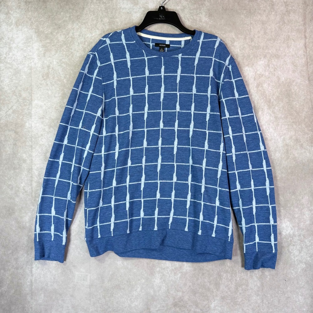 Alfani Pullover Men Large Blue Texture Windowpane Grid Jacquard Crewneck Sweater